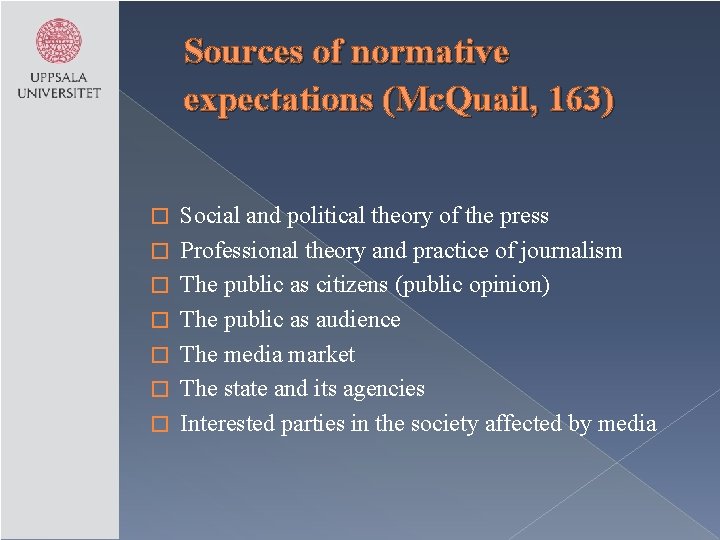 Sources of normative expectations (Mc. Quail, 163) � � � � Social and political