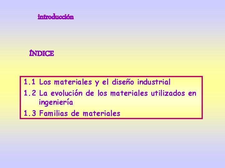 introducción ÍNDICE 1. 1 Los materiales y el diseño industrial 1. 2 La evolución