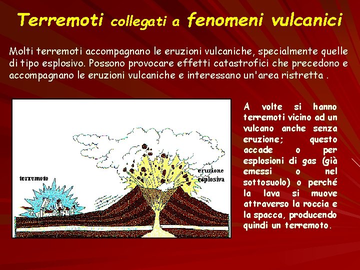 Terremoti collegati a fenomeni vulcanici Molti terremoti accompagnano le eruzioni vulcaniche, specialmente quelle di