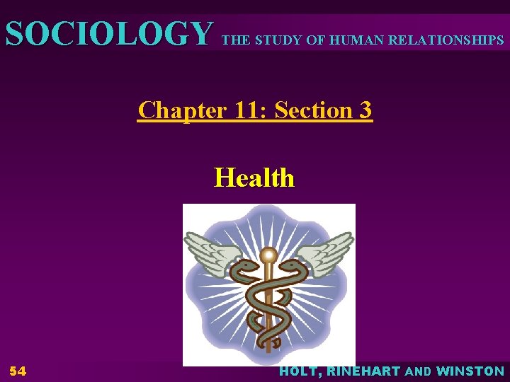 SOCIOLOGY THE STUDY OF HUMAN RELATIONSHIPS Chapter 11: Section 3 Health 54 HOLT, RINEHART