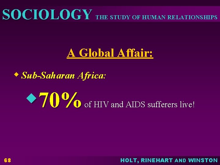 SOCIOLOGY THE STUDY OF HUMAN RELATIONSHIPS A Global Affair: w Sub-Saharan Africa: w 70%