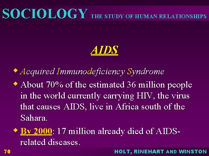 SOCIOLOGY THE STUDY OF HUMAN RELATIONSHIPS AIDS w Acquired Immunodeficiency Syndrome w About 70%