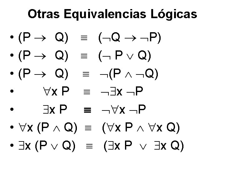 Otras Equivalencias Lógicas • • (P Q) ( Q P) (P Q) (P Q)