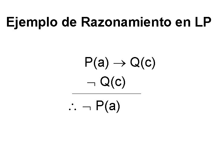 Ejemplo de Razonamiento en LP P(a) Q(c) _________________ P(a) 