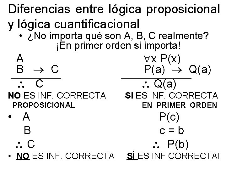 Diferencias entre lógica proposicional y lógica cuantificacional • ¿No importa qué son A, B,