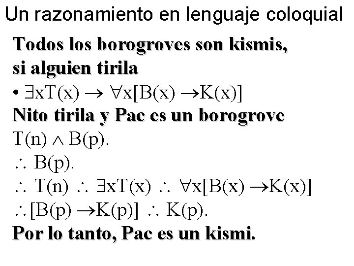 Un razonamiento en lenguaje coloquial Todos los borogroves son kismis, si alguien tirila •