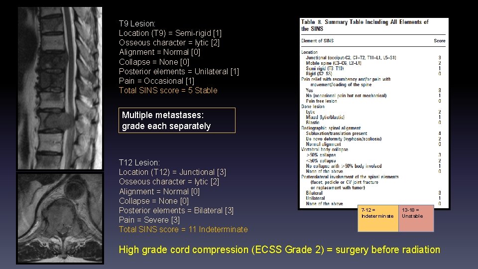 T 9 Lesion: Location (T 9) = Semi-rigid [1] Osseous character = lytic [2]