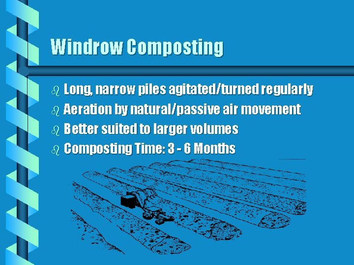 Windrow Composting b Long, narrow piles agitated/turned regularly b Aeration by natural/passive air movement