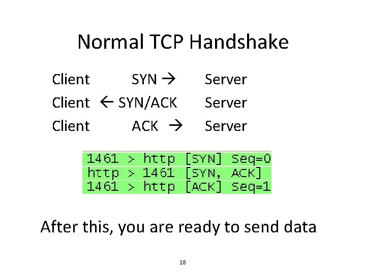 Normal TCP Handshake Client SYN Client SYN/ACK Client ACK Server After this, you are