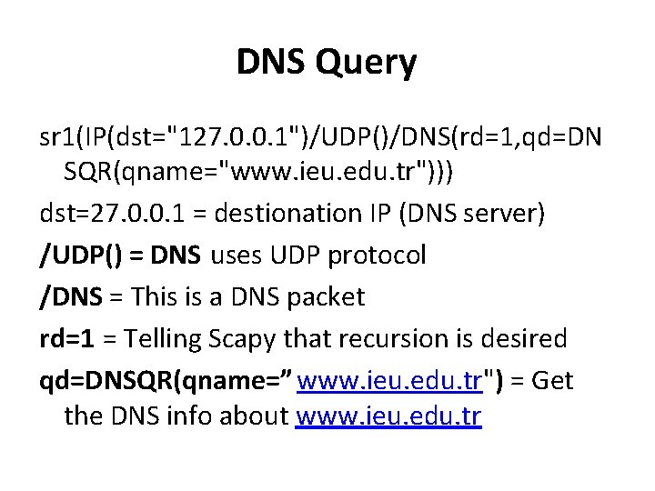 DNS Query sr 1(IP(dst="127. 0. 0. 1")/UDP()/DNS(rd=1, qd=DN SQR(qname="www. ieu. edu. tr"))) dst=27. 0.