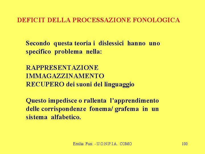 DEFICIT DELLA PROCESSAZIONE FONOLOGICA Secondo questa teoria i dislessici hanno uno specifico problema nella: