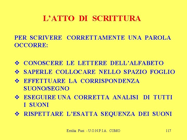 L’ATTO DI SCRITTURA PER SCRIVERE CORRETTAMENTE UNA PAROLA OCCORRE: v CONOSCERE LE LETTERE DELL’ALFABETO