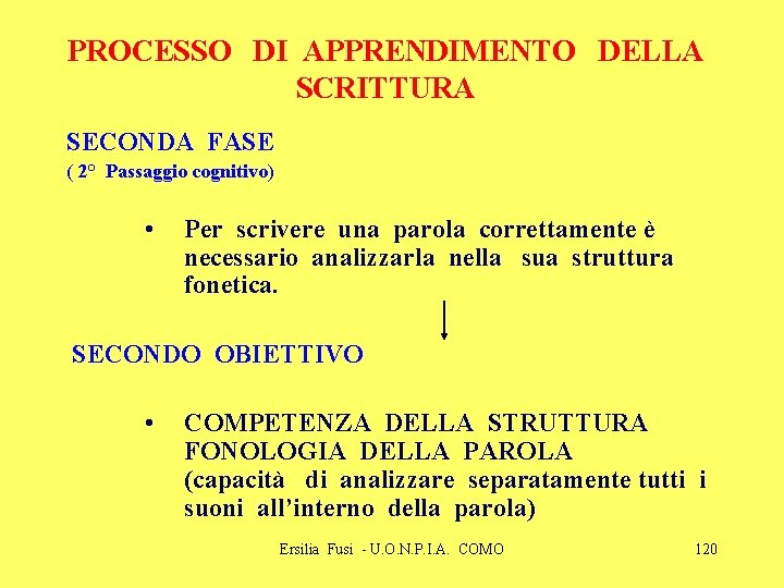 PROCESSO DI APPRENDIMENTO DELLA SCRITTURA SECONDA FASE ( 2° Passaggio cognitivo) • Per scrivere