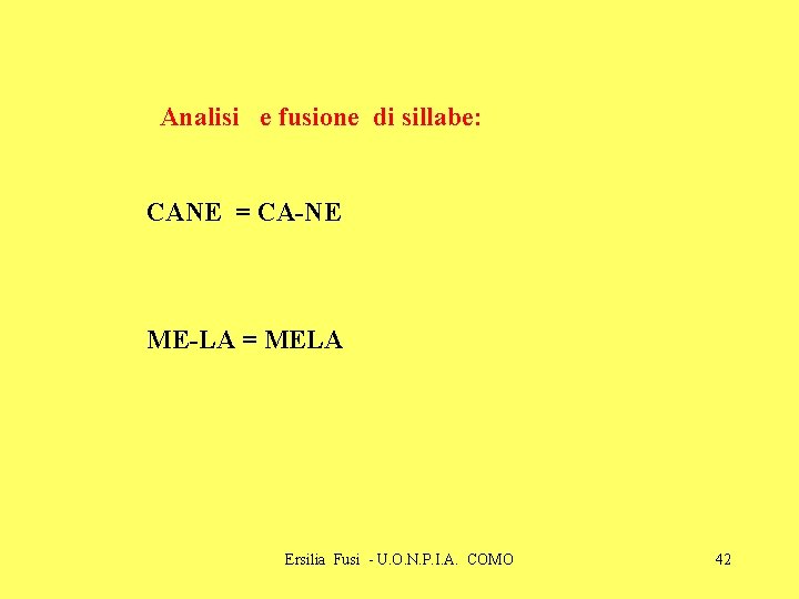 Analisi e fusione di sillabe: CANE = CA-NE ME-LA = MELA Ersilia Fusi -