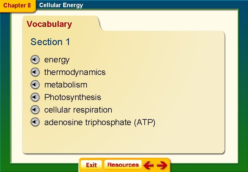 Chapter 8 Cellular Energy Vocabulary Section 1 energy thermodynamics metabolism Photosynthesis cellular respiration adenosine