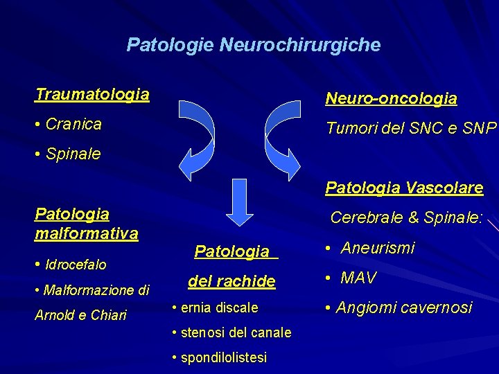 Patologie Neurochirurgiche Traumatologia Neuro-oncologia • Cranica Tumori del SNC e SNP • Spinale Patologia