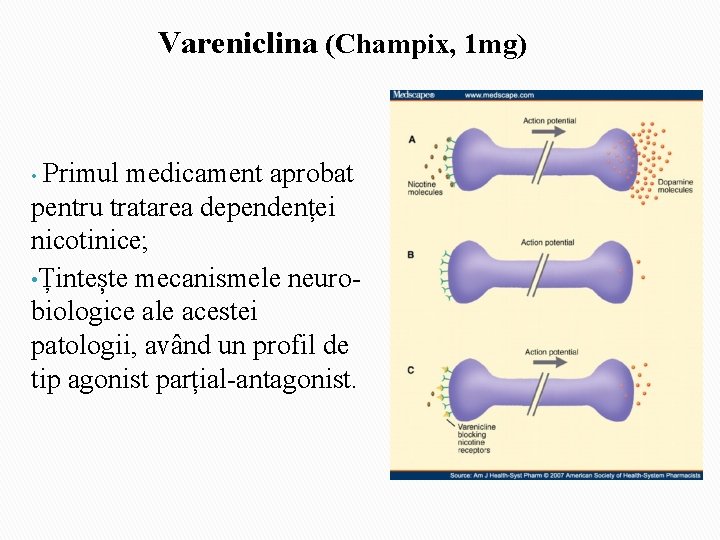Vareniclina (Champix, 1 mg) Primul medicament aprobat pentru tratarea dependenței nicotinice; • Țintește mecanismele