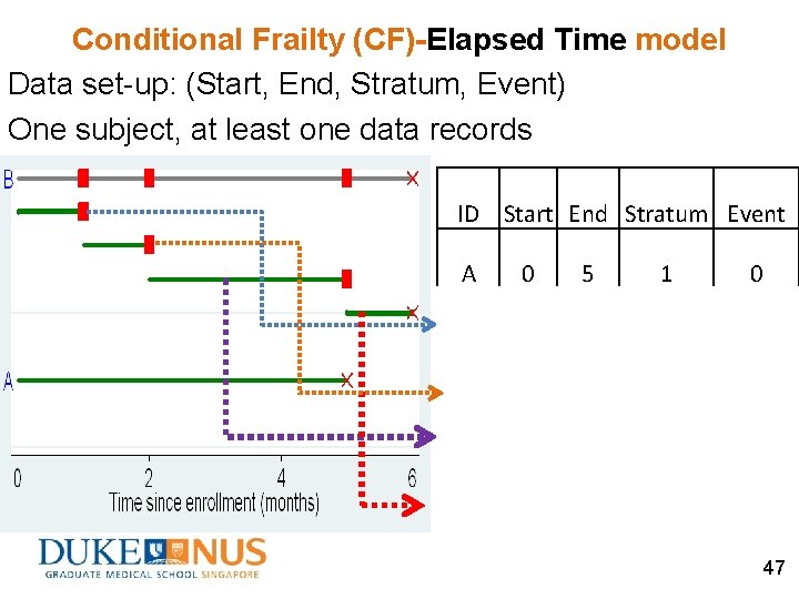 Conditional Frailty (CF)-Elapsed Time model Data set-up: (Start, End, Stratum, Event) One subject, at