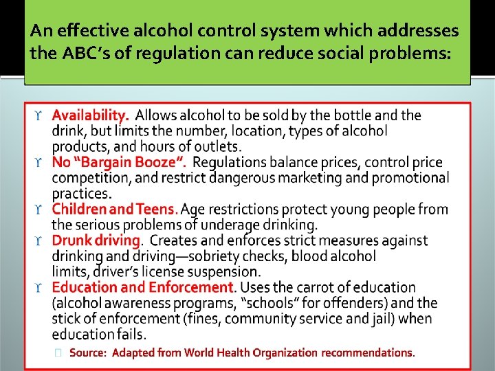 An effective alcohol control system which addresses the ABC’s of regulation can reduce social