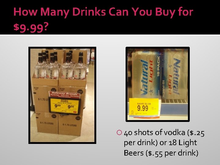 How Many Drinks Can You Buy for $9. 99? 40 shots of vodka ($.