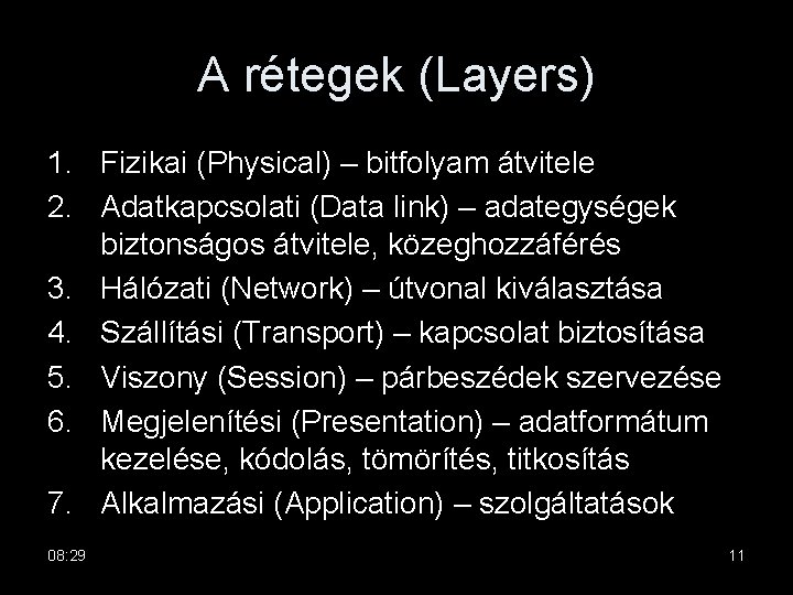 A rétegek (Layers) 1. Fizikai (Physical) – bitfolyam átvitele 2. Adatkapcsolati (Data link) –