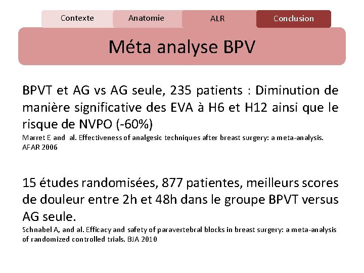 Contexte Anatomie C ALR Conclusion Méta analyse BPVT et AG vs AG seule, 235