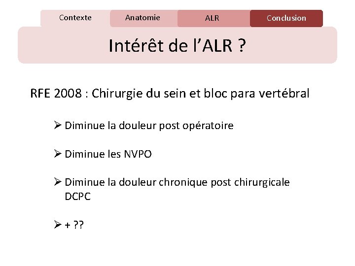 Contexte Anatomie C ALR Conclusion Intérêt de l’ALR ? RFE 2008 : Chirurgie du