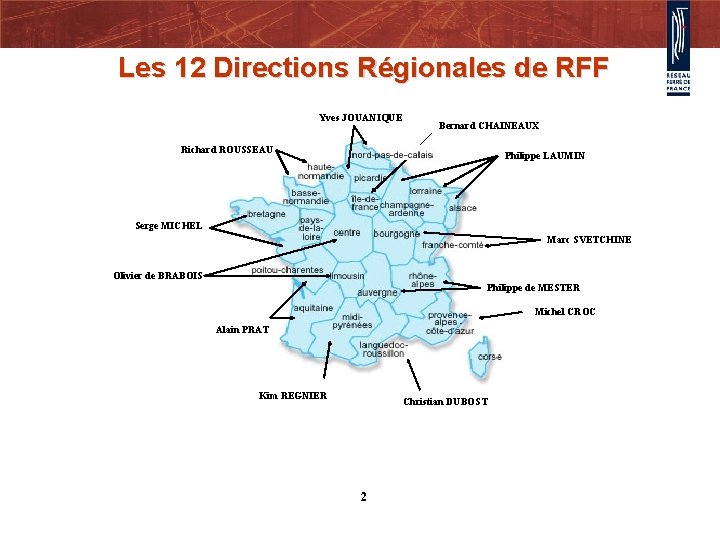 Les 12 Directions Régionales de RFF Yves JOUANIQUE Bernard CHAINEAUX Richard ROUSSEAU Philippe LAUMIN