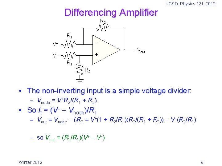 UCSD: Physics 121; 2012 Differencing Amplifier R 2 R 1 V + V+ Vout