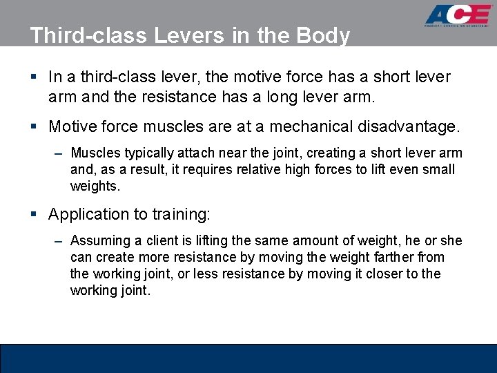 Third-class Levers in the Body § In a third-class lever, the motive force has Third-class Levers in the Body § In a third-class lever, the motive force has