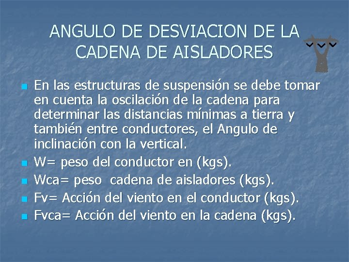 ANGULO DE DESVIACION DE LA CADENA DE AISLADORES n n n En las estructuras