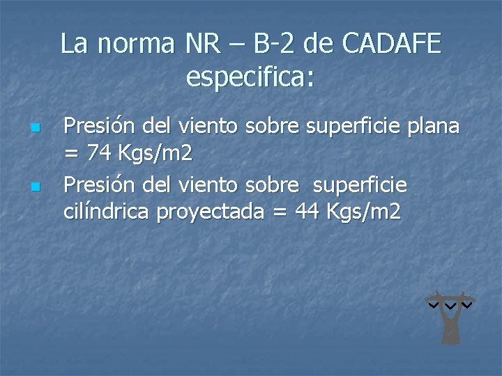 La norma NR – B-2 de CADAFE especifica: n n Presión del viento sobre