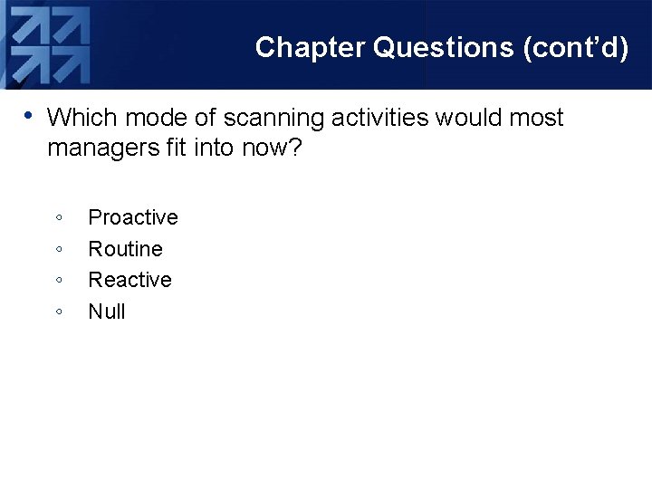Chapter Questions (cont’d) • Which mode of scanning activities would most managers fit into