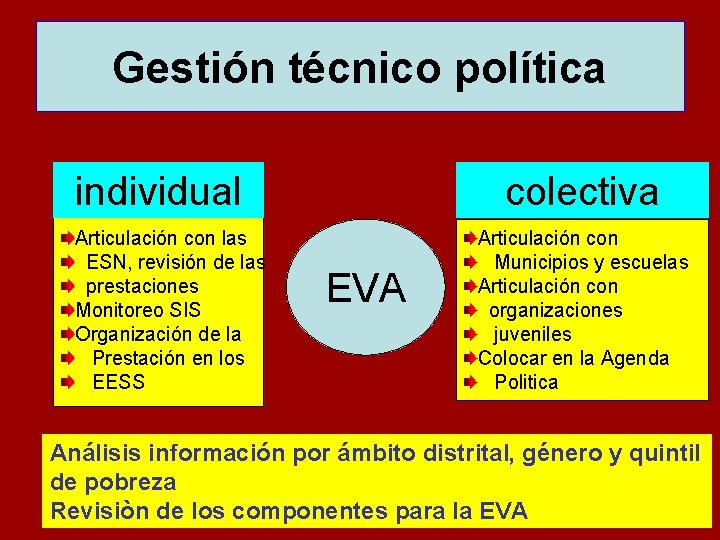 Gestión técnico política individual Articulación con las ESN, revisión de las prestaciones Monitoreo SIS