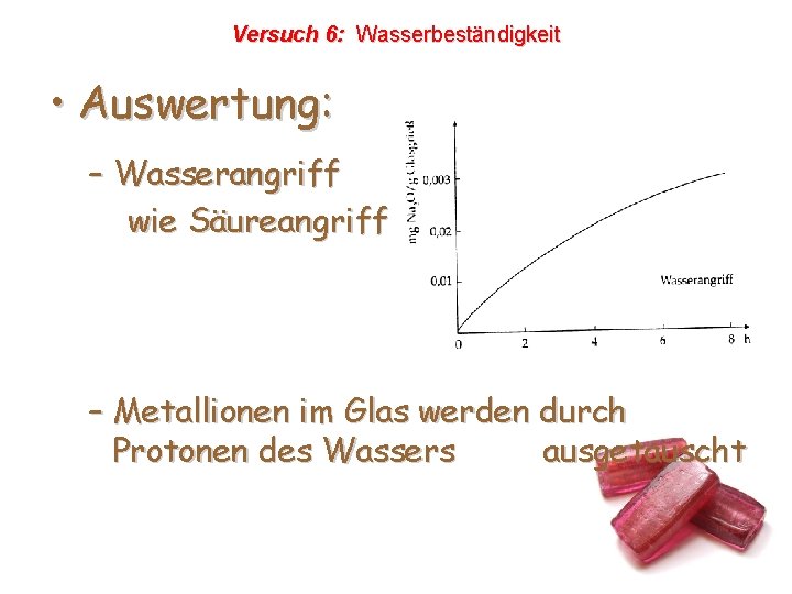Versuch 6: Wasserbeständigkeit • Auswertung: – Wasserangriff wie Säureangriff – Metallionen im Glas werden Versuch 6: Wasserbeständigkeit • Auswertung: – Wasserangriff wie Säureangriff – Metallionen im Glas werden