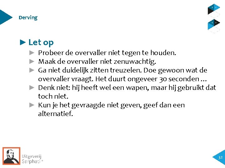 Derving ► Let op ► Probeer de overvaller niet tegen te houden. ► Maak