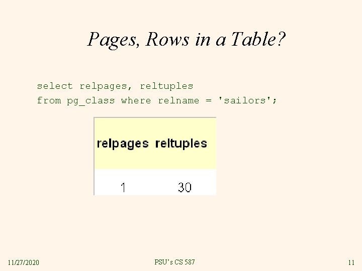 Pages, Rows in a Table? select relpages, reltuples from pg_class where relname = 'sailors';