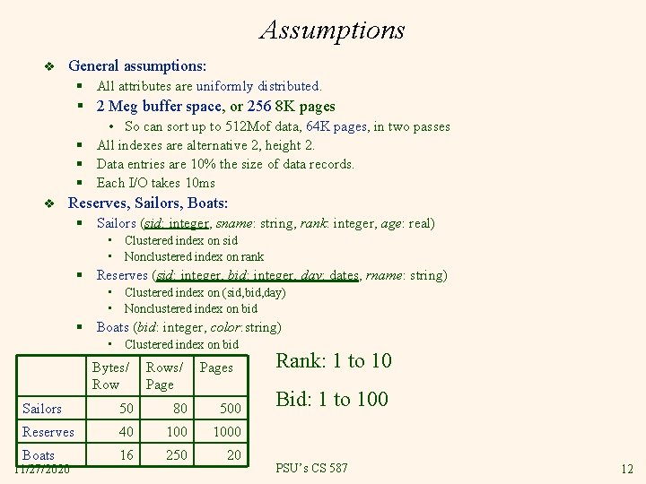 Assumptions v General assumptions: § All attributes are uniformly distributed. § 2 Meg buffer