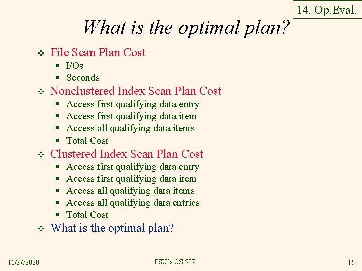What is the optimal plan? v 14. Op. Eval. File Scan Plan Cost §