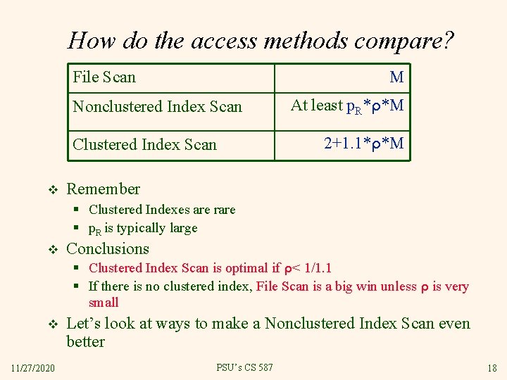 How do the access methods compare? File Scan M Nonclustered Index Scan Clustered Index