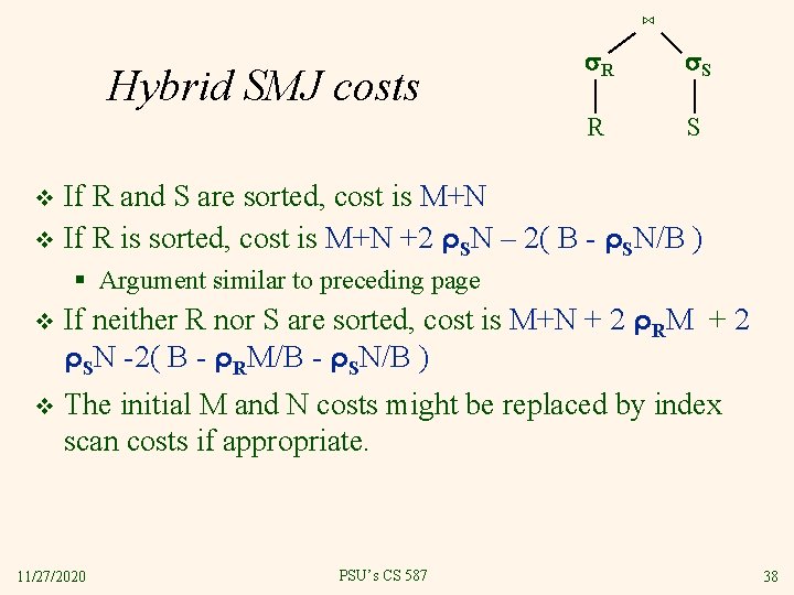 ⋈ Hybrid SMJ costs R S R S If R and S are sorted,