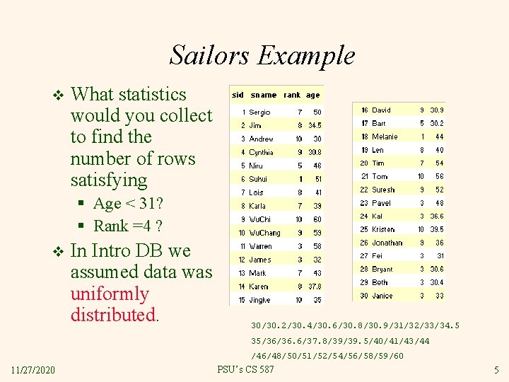Sailors Example v What statistics would you collect to find the number of rows