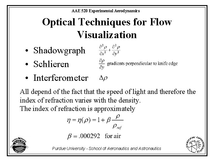 AAE 520 Experimental Aerodynamics Optical Techniques for Flow Visualization • Shadowgraph • Schlieren •