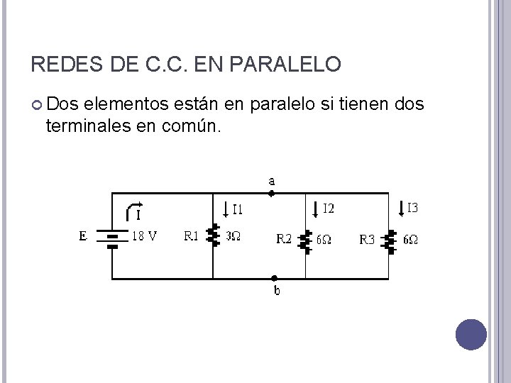 REDES DE C. C. EN PARALELO Dos elementos están en paralelo si tienen dos