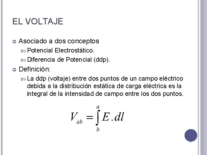 EL VOLTAJE Asociado a dos conceptos Potencial Electrostático. Diferencia de Potencial (ddp). Definición: La