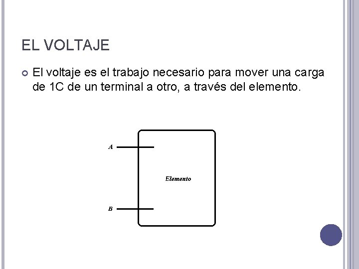 EL VOLTAJE El voltaje es el trabajo necesario para mover una carga de 1