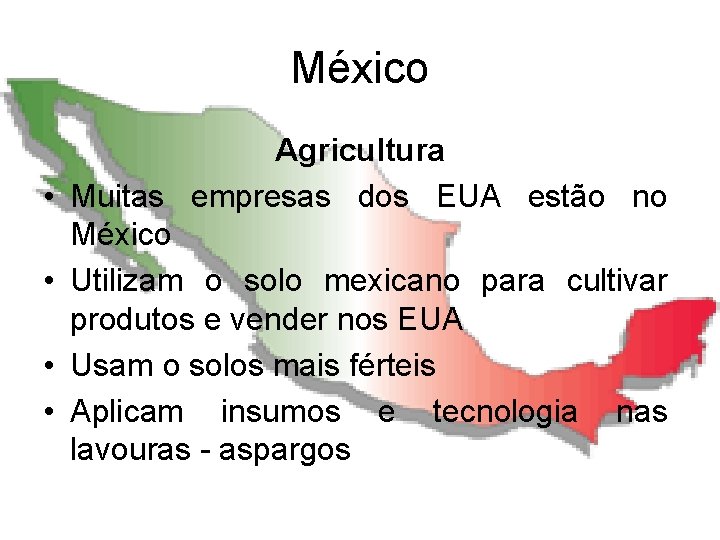 México • • Agricultura Muitas empresas dos EUA estão no México Utilizam o solo