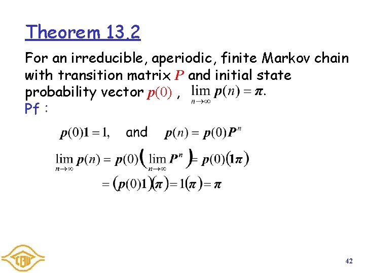 Theorem 13. 2 For an irreducible, aperiodic, finite Markov chain with transition matrix P