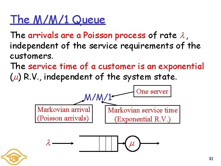 The M/M/1 Queue The arrivals are a Poisson process of rate , independent of