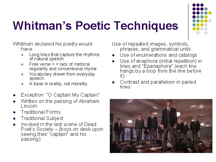 Whitman’s Poetic Techniques Whitman declared his poetry would have: l l l l l